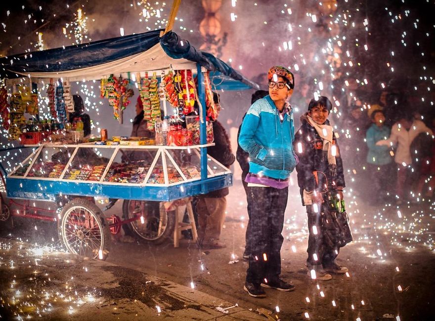 Fireworks Shower Onlookers In Sparks During Holy Week Celebrations, Acobamba, Tarma, Peru