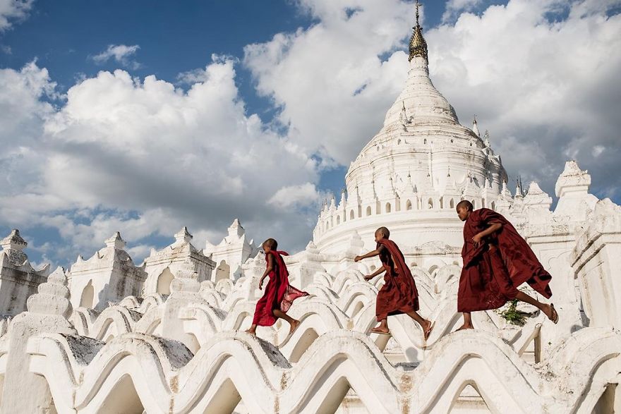 Young Buddhist Novices Play In Hsinbyume Pagoda, Mingun, Mandalay, Myanmar