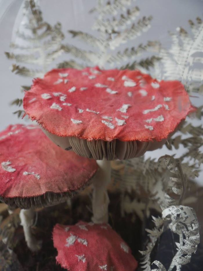 Life-like Fly Agaric Mushrooms And A Fern Sculpted From Old Book Pages And Reclaimed Fabrics