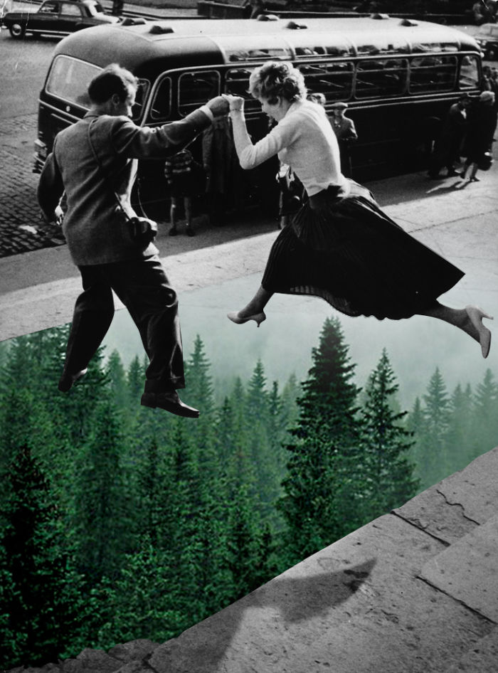 Collages Of Vintage Photos Blended With Natural Elements To Make Them More Joyful