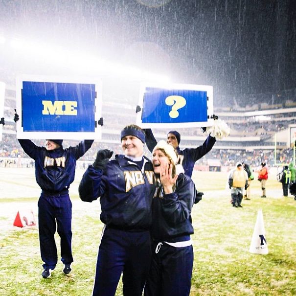 He was her stunt partner at the Academy, so it was the perfect idea to propose at the army navy game.