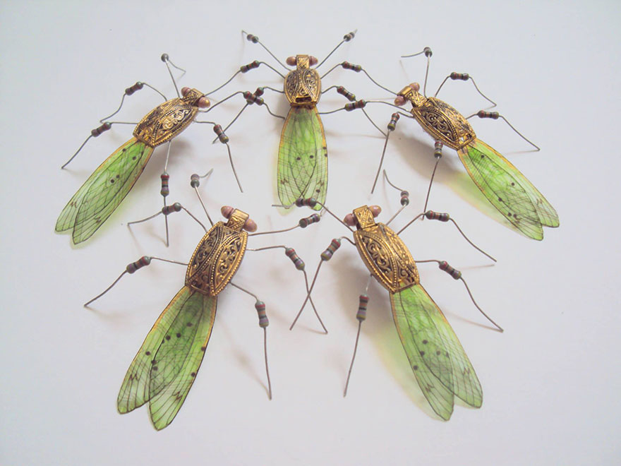 Winged Insects Made From Old Computer Circuit Boards And Electronics