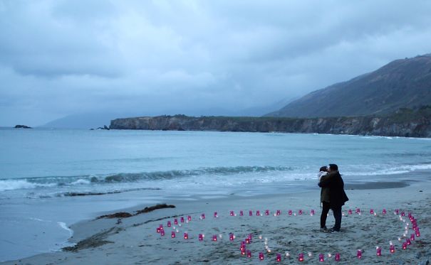 Double Layered Candle Heart Proposal On Empty Big Sur California Beach Yolo - You Only Love Once