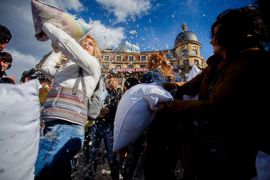International Pillow Fight Day In Bucharest, Romania