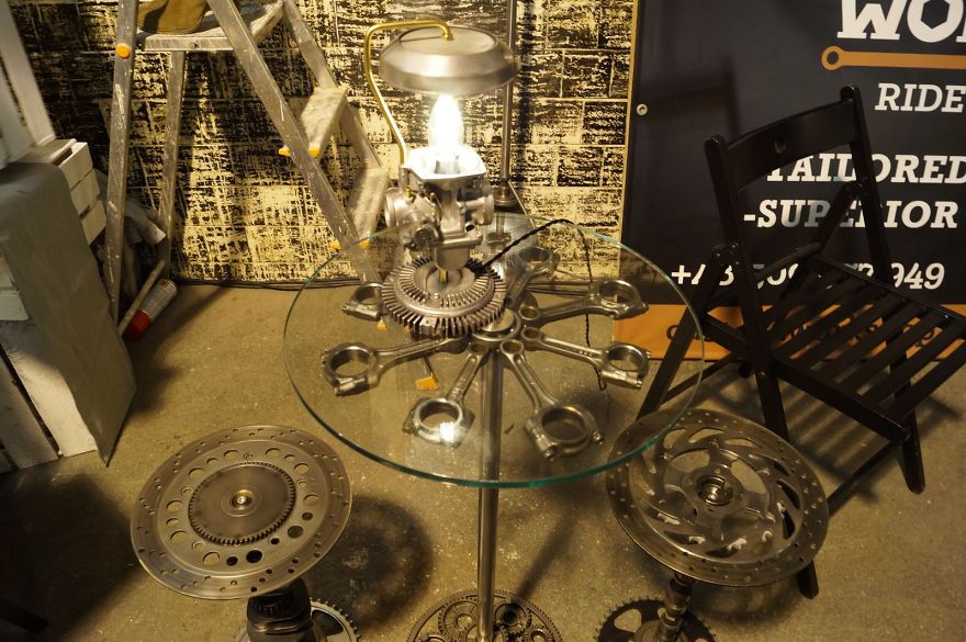 Furniture For Motorcycle Lovers: Tables, Stools And Lamps Made Out Of Bike Parts And Tools
