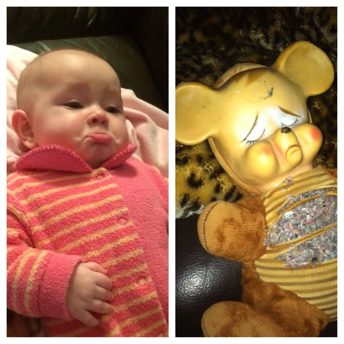 Grandmom's Teddy Bear 50 Years Old And Grandmom's Granddaughter 5 Months Old.