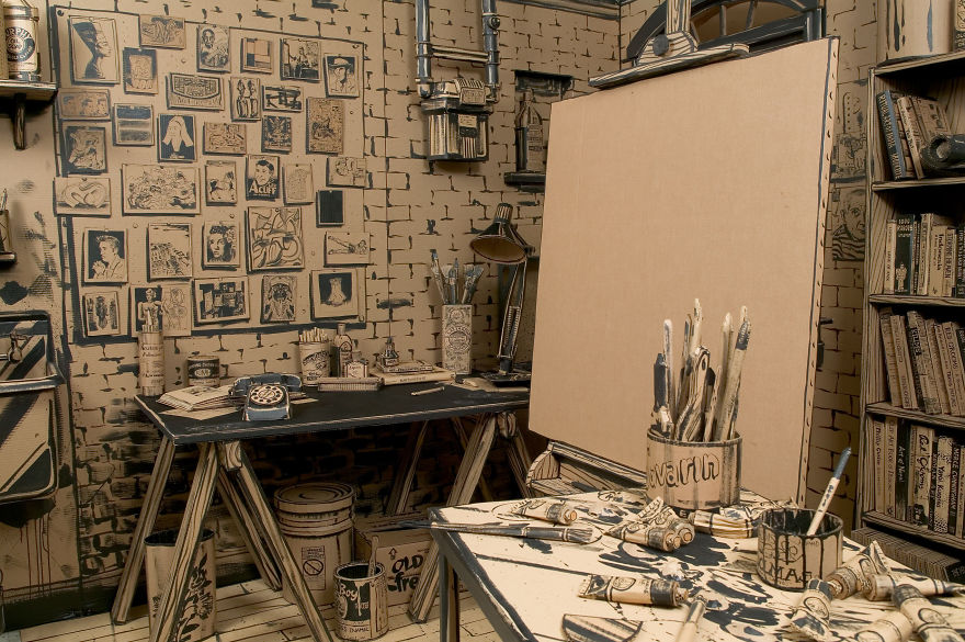 I Made A Full-Scale Artist's Studio Out Of Cardboard, Hot Glue And Black Paint