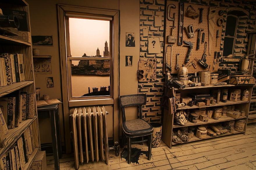 I Made A Full-Scale Artist's Studio Out Of Cardboard, Hot Glue And Black Paint