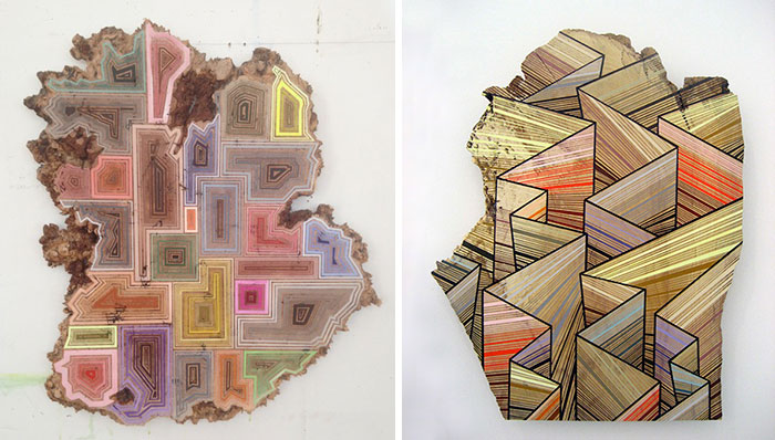 Artist Paints Geometric Art Along The Grain Of Discarded Tree Slices