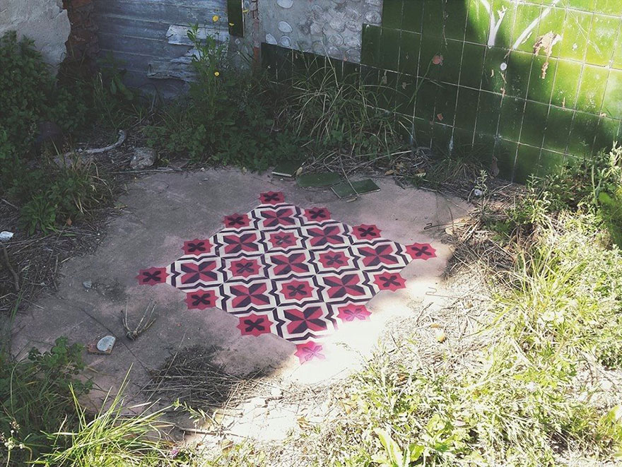 Artist Spray Paints Floors Of Abandoned Buildings With Colorful Tile Patterns
