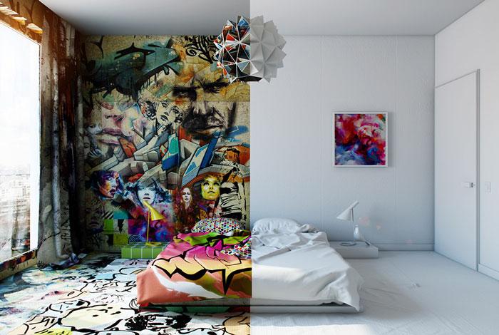 Half White, Half Graffiti: Designer Splits Hotel Room Into Two Worlds