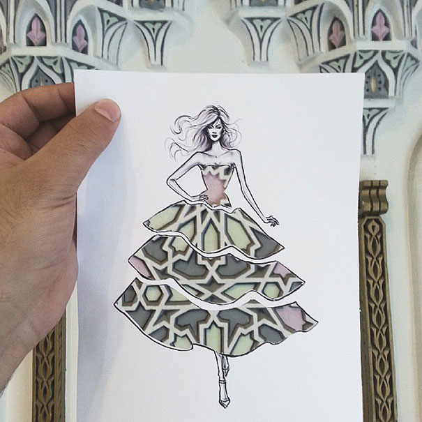 Fashion Illustrator Completes His Cut-Out Dresses With Clouds And Buildings