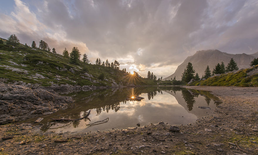 Beautiful Sunset At Lake Limedes In The Dolomites