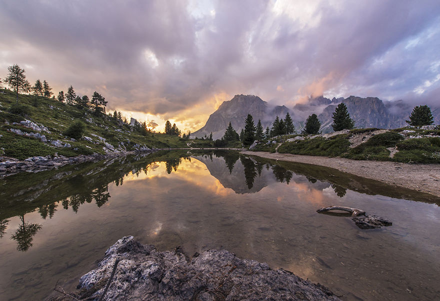 Beautiful Sunset At Lake Limedes In The Dolomites