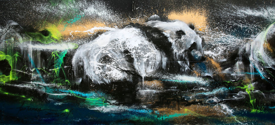 Powerful Panda Street Art Painted In The Splatter Ink Technique