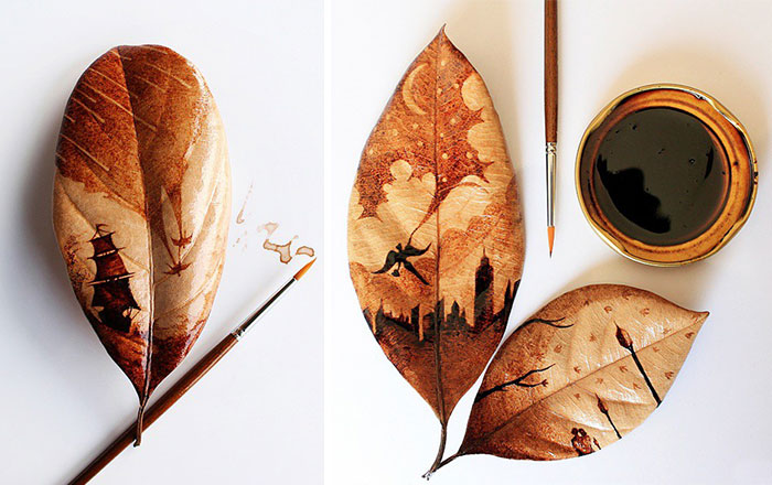 Coffee Leaf Paintings Created With Morning Coffee Leftovers