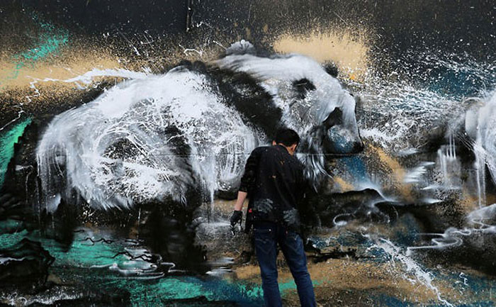 Powerful Panda Street Art Painted In The Splatter Ink Technique