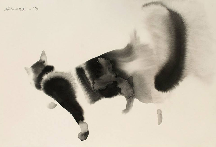 New Watercolor & Ink Cats That Slowly Bleed Into Paper By Endre Penovác