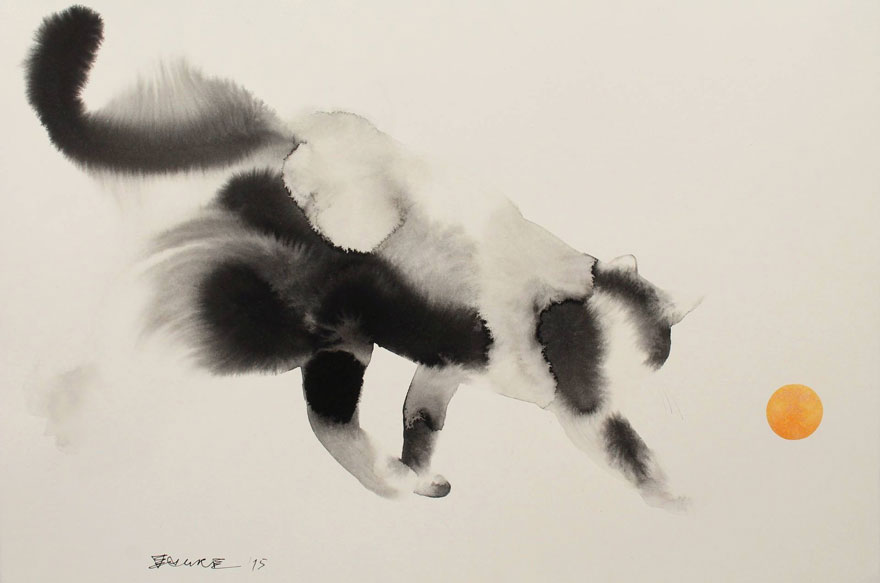 New Watercolor & Ink Cats That Slowly Bleed Into Paper By Endre Penovác