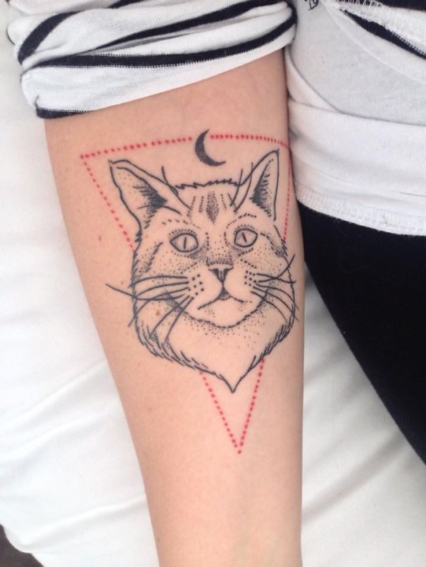 Cat's face, moon and rectangle tattoo