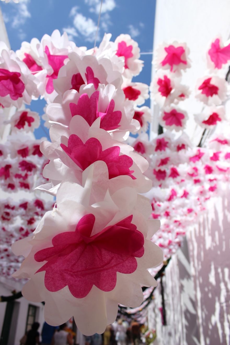 1000s Of Handmade Paper Flowers Cover The Streets Of Alentejo, Portugal