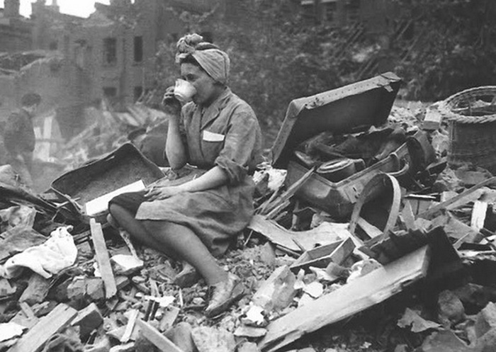 A Woman Drinking Tea, In The Aftermath Of A German Bombing Raid During The London Blitz (1940)
