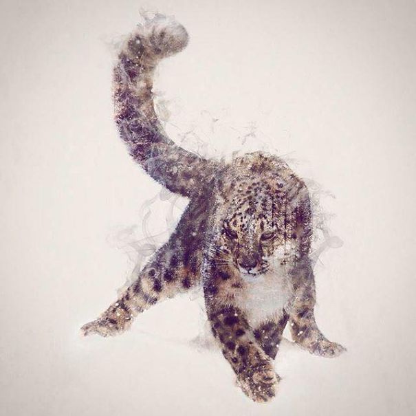 Wild Animals, Smoke And Nature Merged In My Double Exposure Photos