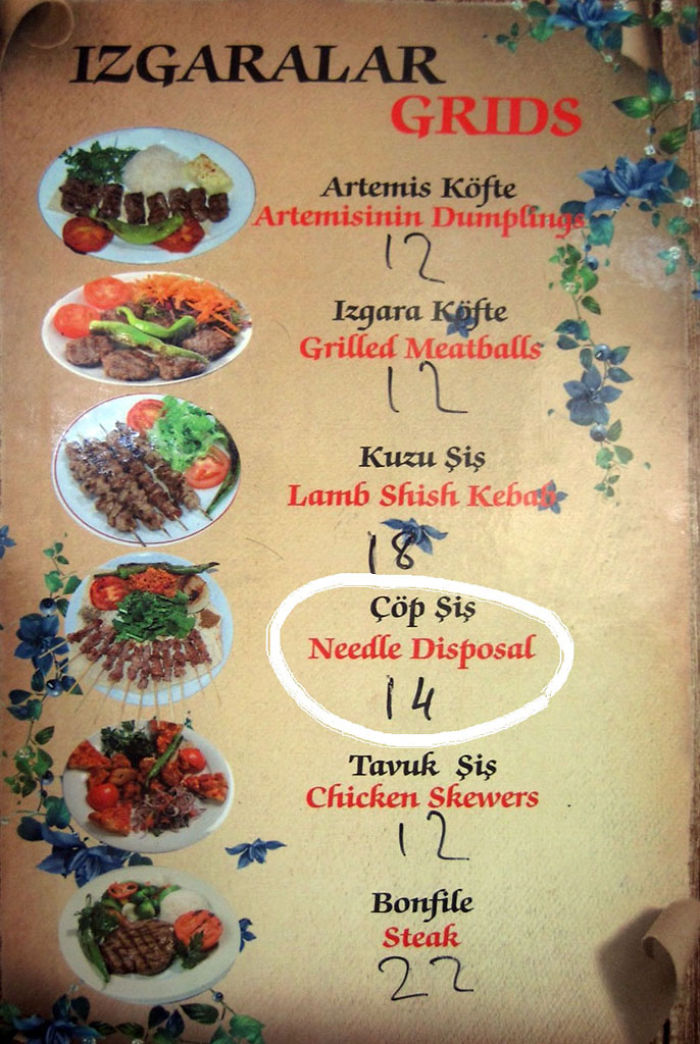 Funny menu translation fail: "Çöp Şiş" as "Needle Disposal" highlighted on a Turkish menu section.