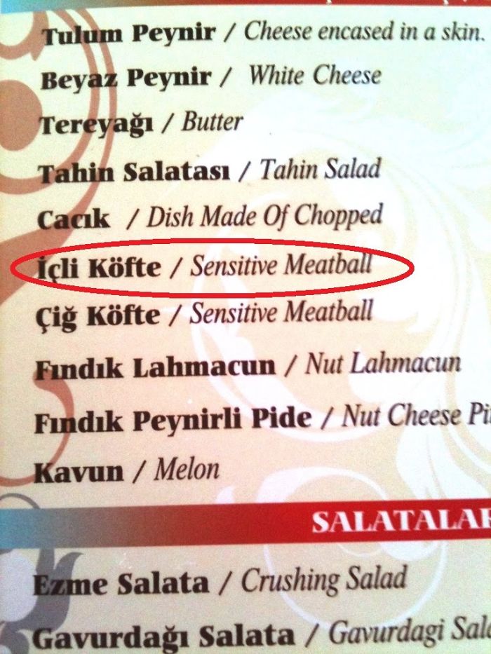 Funny menu translation fail showing "İçli Köfte" as "Sensitive Meatball."