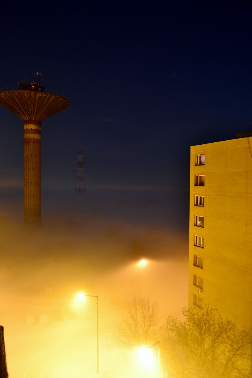 Fog In Center Hungary Below Water Tower