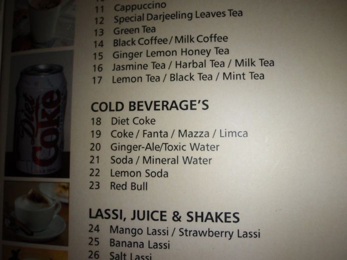 Menu translation fail with "Ginger-Ale/Toxic Water" listed under cold beverages.