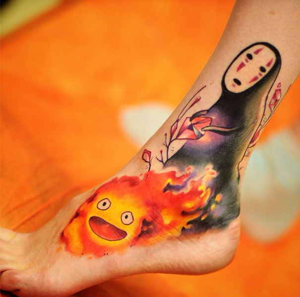 Calcifer From Howl's Moving Castle And No-Face From Spirited Away Tattoo