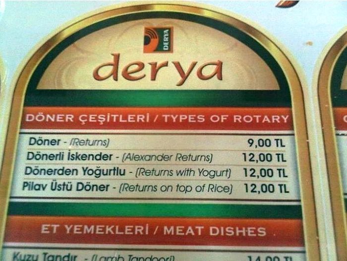 Menu with funny translation fails: "Types of Rotary" and dishes like "Returns with Yogurt" priced in Turkish Lira.
