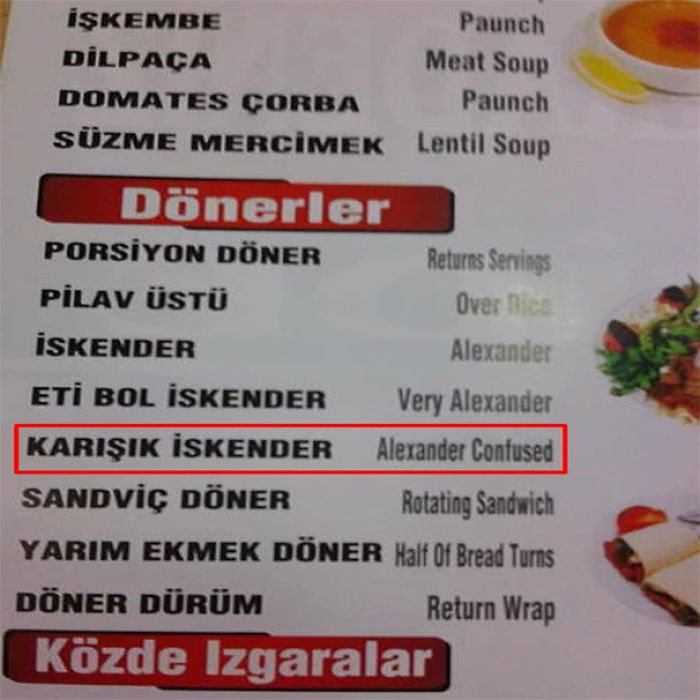 Menu translation fail with "Karışık İskender" translated as "Alexander Confused" in a restaurant listing.