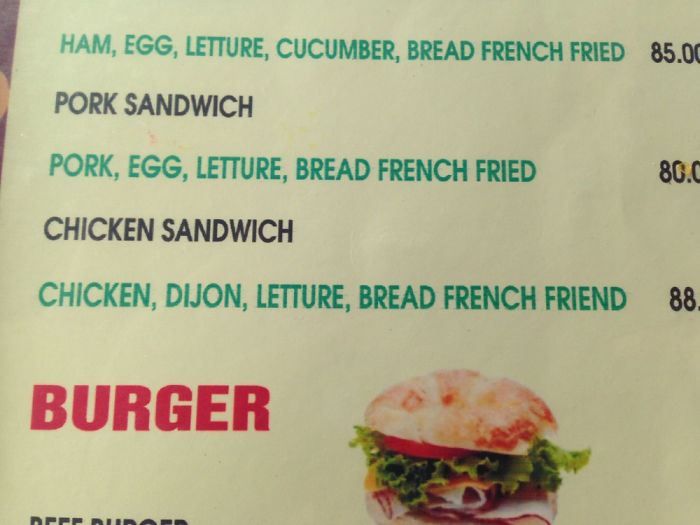 Menu translation fails with items like "letture" and "bread french friend" listed.
