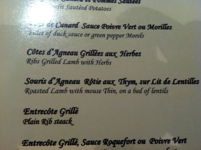 Funny menu translation fail: "Roasted Lamb with mouse Thin, on a bed of lentils."