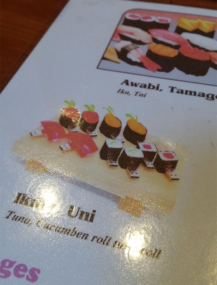 Sushi menu with translation fail: "Cucamben" instead of cucumber roll, illustrating funny menu errors.
