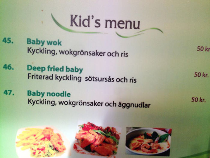 Funny menu translation fail on kid's menu with "Deep fried baby" listed.