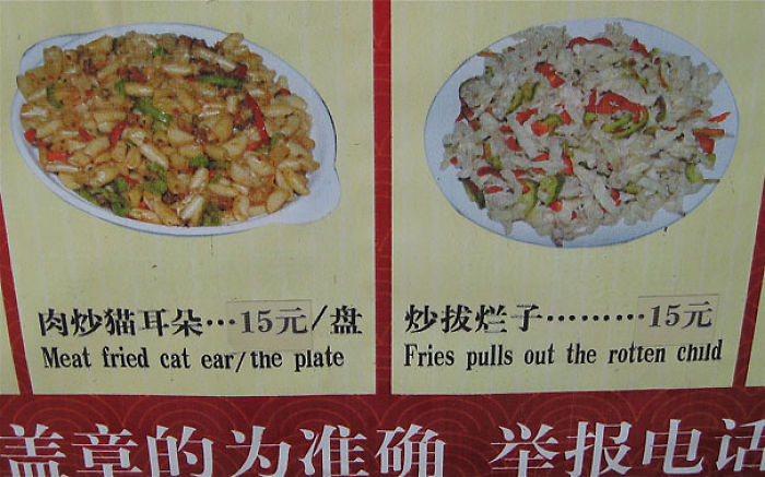 Funny menu translation fails: "Meat fried cat ear/the plate" and "Fries pulls out the rotten child."