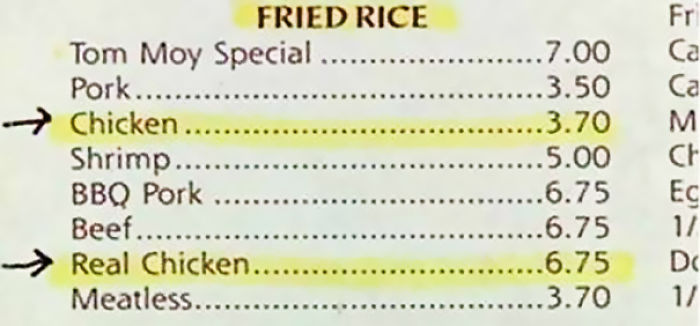Menu translation fail with "Chicken" and "Real Chicken" listed separately under fried rice options.