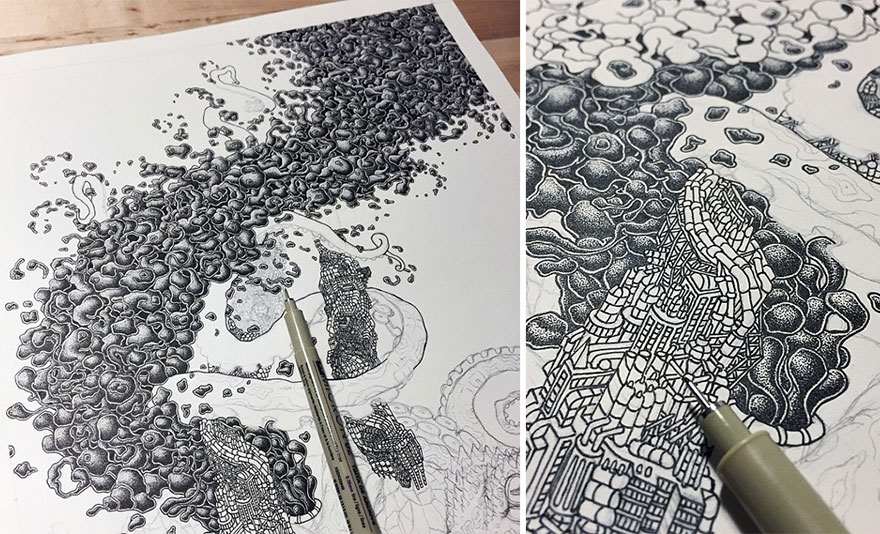 Millones de puntos forman estos intrincados dibujos de tinta para crear conciencia medioambiental