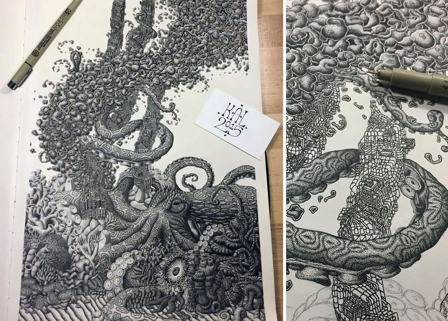 Millones de puntos forman estos intrincados dibujos de tinta para crear conciencia medioambiental