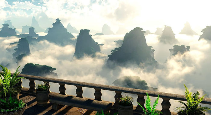 Scenic mountain peaks rising above clouds in China, viewed from a stone balcony with potted plants and lush greenery.
