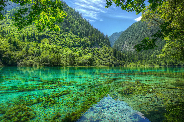 Crystal-clear lake surrounded by lush green mountains and forests, showcasing natural beauty of visiting China destinations.