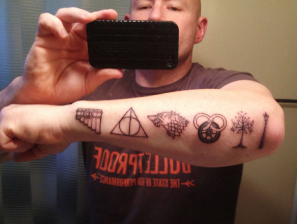 Six Fantasy Book Series Tattoos On One Arm