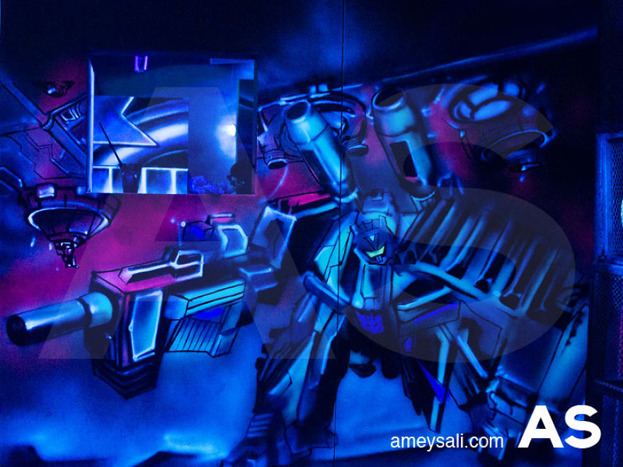 I Made This Cybertron Themed Blacklight Painting For A Laser Tag Arena In Shanghai, China.