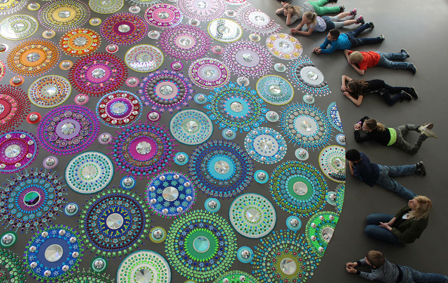Artist Puts 1000s Of Glittering Gems On Floors, Walls, and People To Create Kaleidoscopic Mandala Art