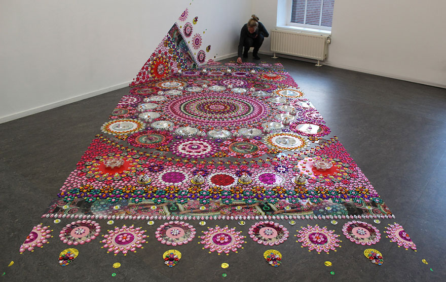 Artist Puts 1000s Of Glittering Gems On Floors, Walls, and People To Create Kaleidoscopic Mandala Art