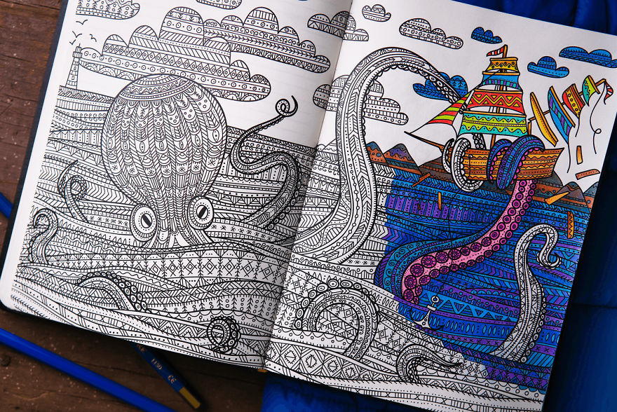 Coloring Notebook With Beautiful Coloring Pages Helps Adults Relax