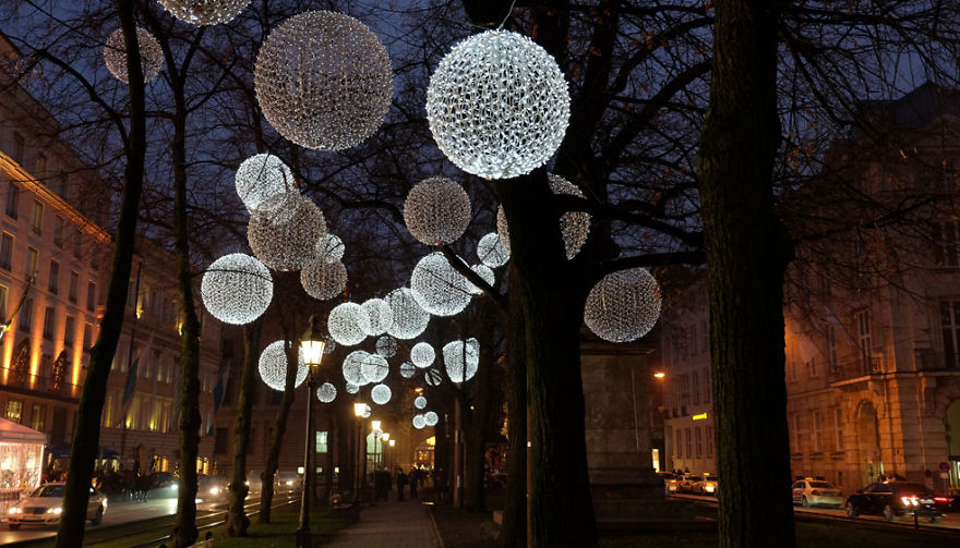 Winter Light Ornaments Float Above The Munich Promenadeplatz In Germany